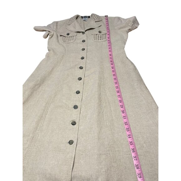 John Roberts Beige Button-Down Midi Dress Size 10 Linen/Rayon Blend Woven Trim S - Picture 7 of 15